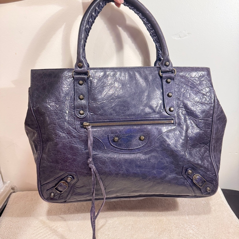 Vintage Balenciaga Women's Purple Leather Classic City Work Tote Bag